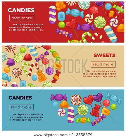Delicious caramel candies and sweets promotional Internet posters set with striped lollipops and jelly bears in big colorful heaps vector illustrations. Tasty treats advertisement online banners.