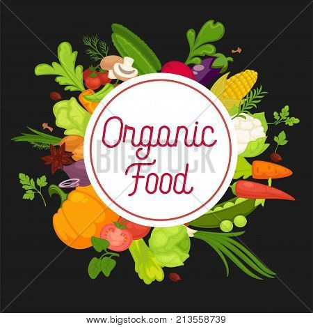 Organic food advertisement banner with fresh products around circle with sign. Harvest grown at farm full of vitamins isolated cartoon vector illustration on black background advertisement banner.