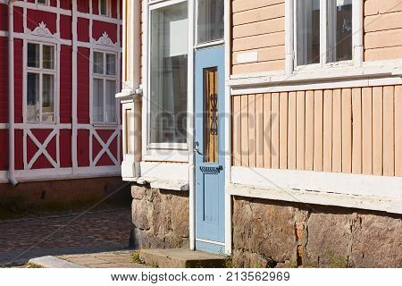 Traditional wooden houses facade in Rauma town. Finland heritage. Horizontal