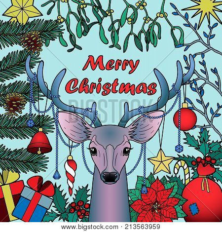 Merry Christmas deer with objects composition. Winter square new year colorful pattern for greeting cards, mock ups, textile prints and covers.