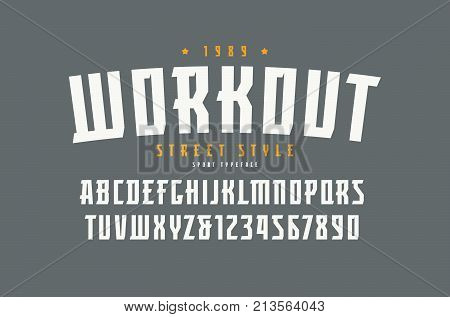 Serif font in the sport style. Letters and numbers for logo and title design. Print on gray background
