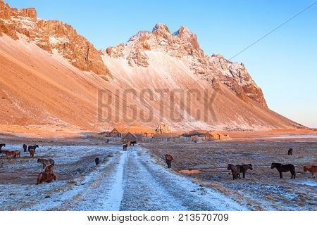 Stokksnes at sunset in winter, Iceland. Stokksnes is a headland on the southeastern Icelandic coast, near Hofn and Hornafjordur.