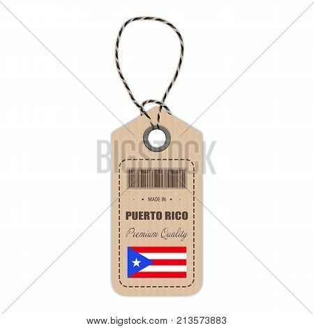 Hang Tag Made In Puerto Rico With Flag Icon Isolated On A White Background. Vector Illustration. Made In Badge. Business Concept. Buy products made in Puerto Rico. Use For Brochures, Printed Materials, Logos, Independence Day