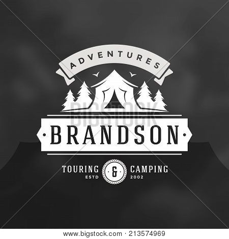 Forest camping logo emblem vector illustration. Outdoor adventure leisure, Tent and pine trees silhouettes shirt, print stamp. Vintage typography badge design.