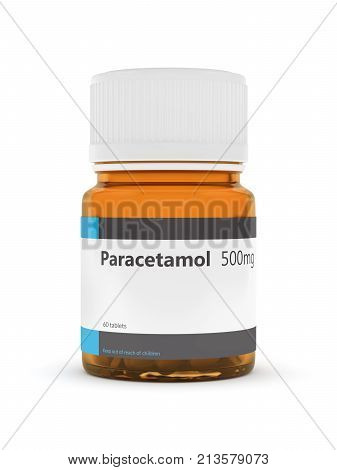 3D Rendering Of Paracetamol Bottle With Pills Over White