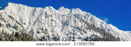 High mountain with summit cross under deep snow on sunny winter day. Rauhhorn, Allgau, Bavaria in Germany.