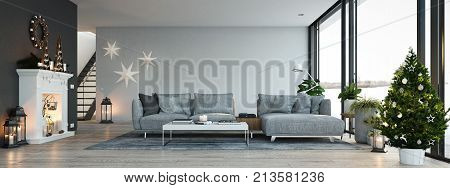 living room with fireplace in modern loft apartment. 3d rendering