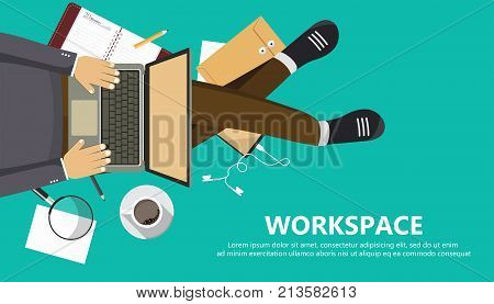 Work space business banner. Man sitting on the floor and holding lap top. View from the top. Flat vector illustration