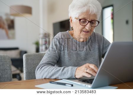 Old woman at home using laptop computer