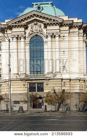 SOFIA, BULGARIA - NOVEMBER 7, 2017: Sunset view of University of Sofia St. Kliment Ohridski, Bulgaria