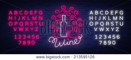 Template logo wine bar in a trendy neon style. Logo, badge glowing banner. For the menu, bar, restaurant, wine house, wine label, vineyard, winery. Vector illustration. Editing text neon sign.