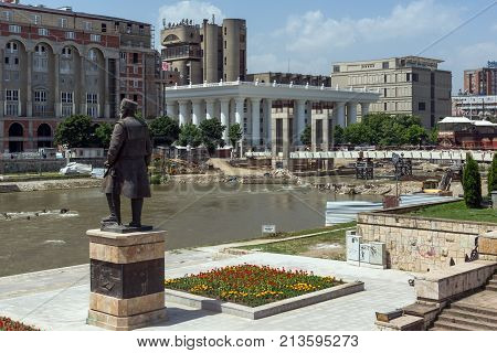 SKOPJE, REPUBLIC OF MACEDONIA - 13 MAY 2017: Panorama to city of Skopje and Vardar river, Republic of Macedonia