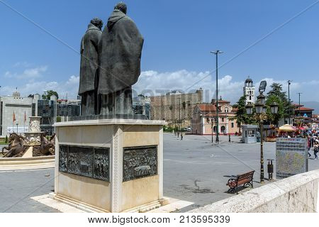 SKOPJE, REPUBLIC OF MACEDONIA - 13 MAY 2017: Panorama to city of Skopje and Vardar river, Republic of Macedonia