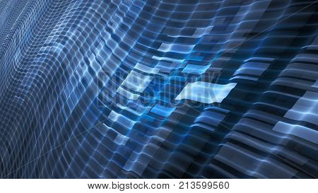 Blue glowing rectangles on wavy trajectories computer generated abstract background 3D rendering