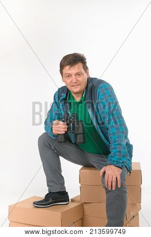 Men With Binoculars. Portrait In Studio On White.