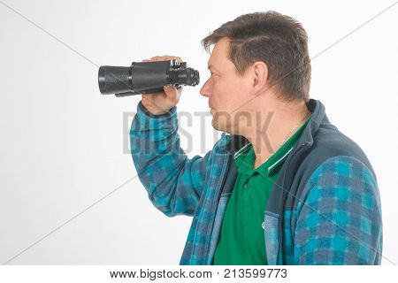 Men With Binoculars. Portrait In Studio On White.