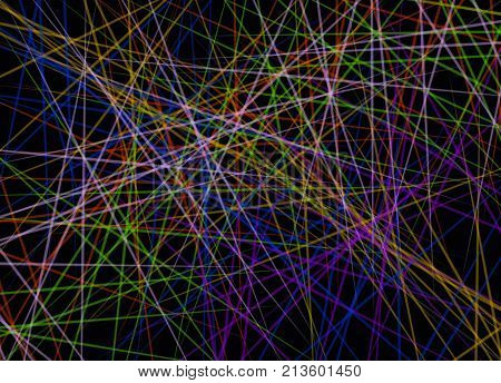Background Pattern Abstract Crossing of Multi Colors Lines and Strips or Light Laser Beams on A Black Background.
