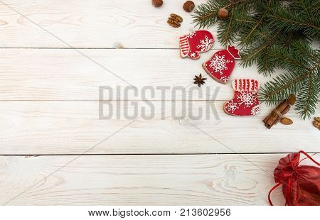 Overhead Of Christmas New Year Holiday Background. Red Gingerbread Cookies Boots, Meetens, Bag With