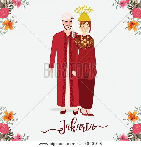 Indonesian wedding couple wearing Betawi, Jakarta traditional dress, cartoon illustration