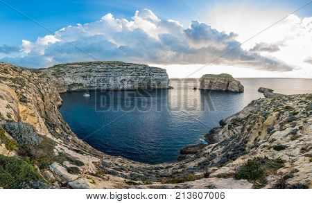 Panoramic View Of Dwejra Bay With Fungus Rock, Gozo, Malta