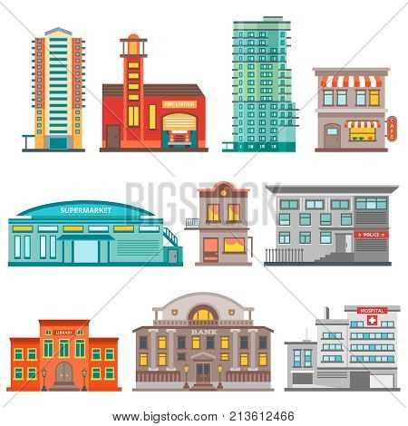 Isolated city buildings icon set different heights residential buildings business centers and public buildings vector illustration