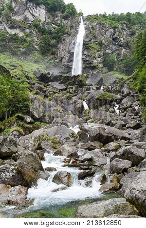 Waterfall Of Foroglio In Bavona Valley On Switzerland