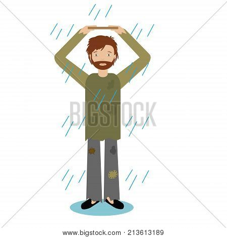 Homeless man standing in rain. Vector illustration of beggar character