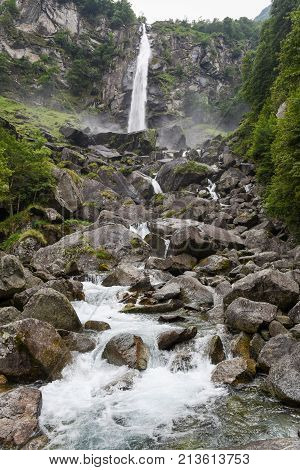 Waterfall Of Foroglio In Bavona Valley On Switzerland