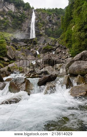 Waterfall Of Foroglio In Bavona Valley On Switzerland