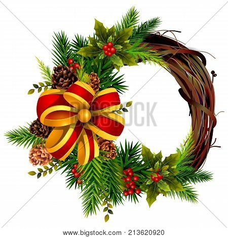 easy to edit vector illustration of beautiful wreath decoration for Happy New Year and Merry Christmas greeting