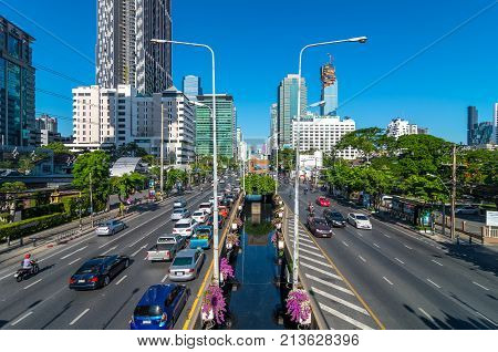 BANGKOK - JUNE 30 2015: Traffic on the sathorn road at the morning as working hour on July 30 2015 in Bangkok Thailand. sathorn business district is the center of bangkok.