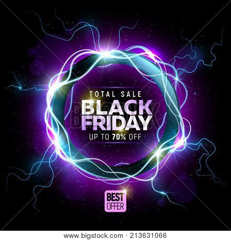 Black friday sale banner with bright round abstract background