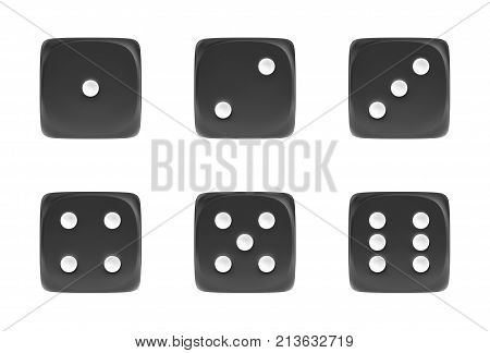 3d rendering of a set of six black dice in front view with white dots showing different numbers. Bets and wagers. Gambling and casino. Win or lose.