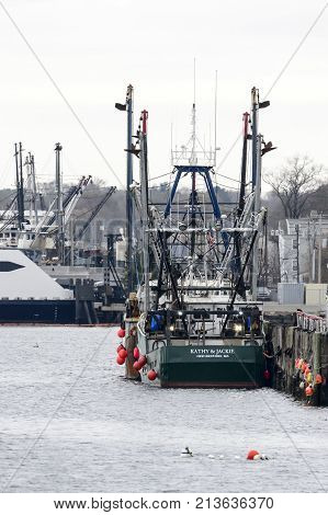 Fairhaven Massachusetts USA - November 12 2017: Commercial fishing boat Kathy & Jackie docked on Acushnet River in Fairhaven