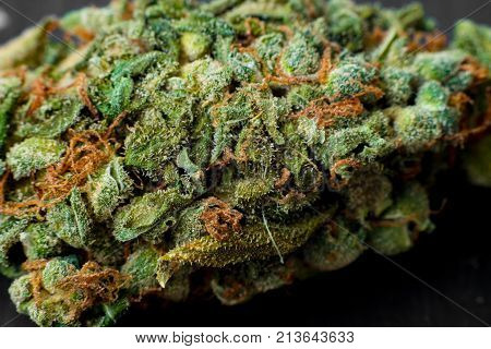 Macro photos of marijuana cones with leaves covered with trichomes. The cannabis plant clse view.