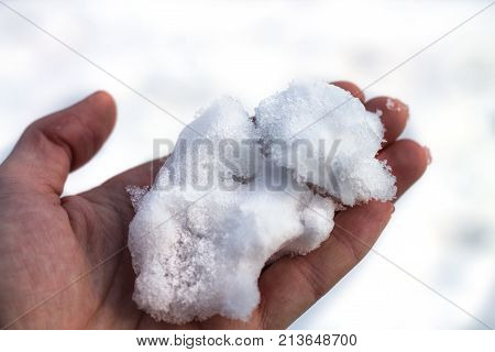 Man hand is holding snow. White background.