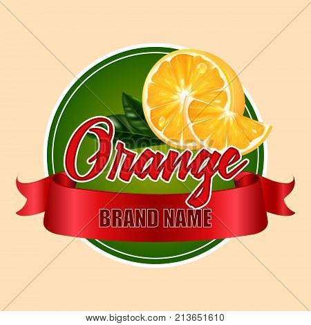 Round label or sticker with the inscription Vector realistic orange. Illustration with a red ribbon.