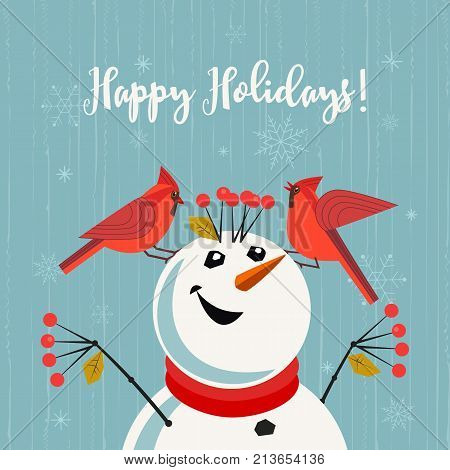Happy holidays card. Red Northern Cardinal birds, comic snowman. Cute cartoon. Winter birds of backyard, city garden. Stylized sign. New year event banner background. Christmas greeting vector design