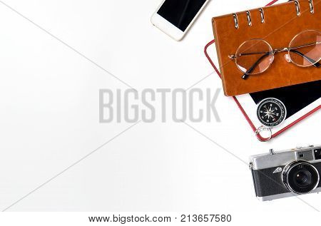 Business travel objects isolated on white copy space