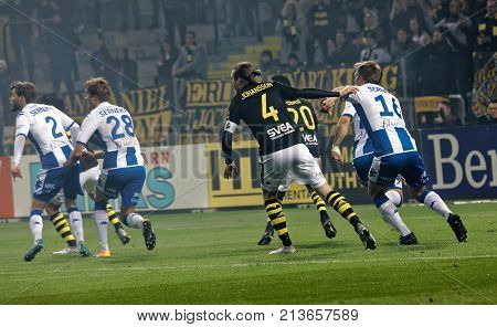 Solna Sweden - Oct 30 2017: Soccer Player Fighting To Get The Ball In The Game Aik And Ifk Gothenbur