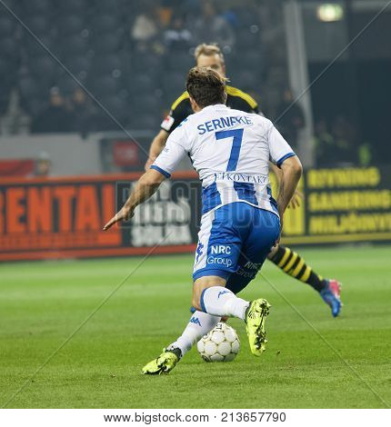 SOLNA SWEDEN - OCT 30 2017: Soccer player Tobias Hysen (IFK Goteborg) dribble the ball October 30 2017SolnaSweden