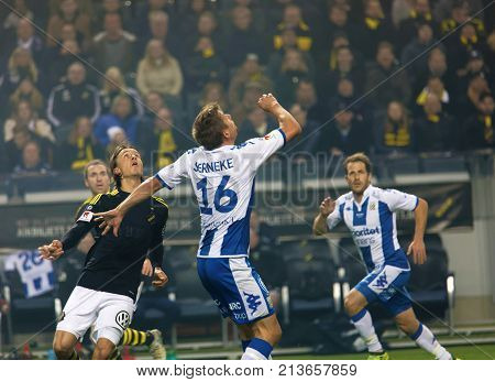 SOLNA SWEDEN - OCT 30 2017: Soccer player in the game AIK and IFK Gothenburg waiting to nick the ball. October 30 2017SolnaSweden