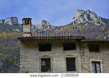 A derelict building in hill village of Erto in Friuli Venezia Giulia north east Italy. The village is famous locally for having being evacuated following the 1963 Vajont Dam disaster.