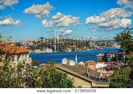 ISTANBUL TURKEY: View of Bosphorus and Bosphorus Bridge from the hilltop of Kuzguncuk small district at the coastline of Bosphorus Istanbul on October 10 2017