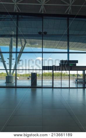 ZAGREB AIRPORT - 24 APRIL 2017: Silhouette of front entrance to airport.