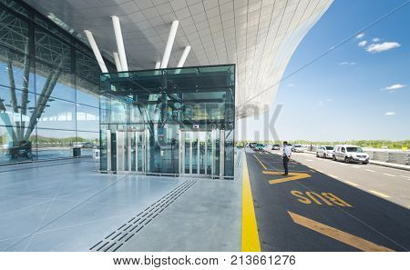 ZAGREB AIRPORT - 24 APRIL 2017: Exterior of arrivals terminal.