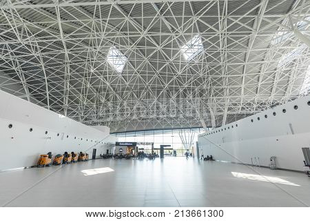ZAGREB AIRPORT - 24 APRIL 2017: Interior of the departures terminal.