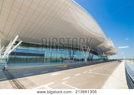 ZAGREB AIRPORT - 24 APRIL 2017: Exterior of arrivals terminal.