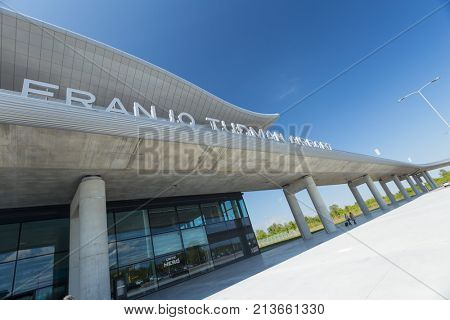 ZAGREB AIRPORT - 24 APRIL 2017: Front entrance with sign Franjo Tudman Airport.
