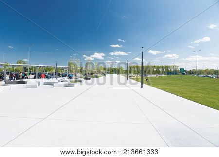 ZAGREB AIRPORT - 24 APRIL 2017: Exterior of arrivals terminal.